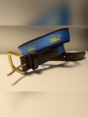 Vineyard Vines Men’s Mahi Mahi Canvas Club Belt Size 38 Blue Leather Brass